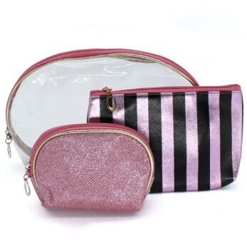 Triple Toiletry Bag with Stripes and Rhinestone Pink